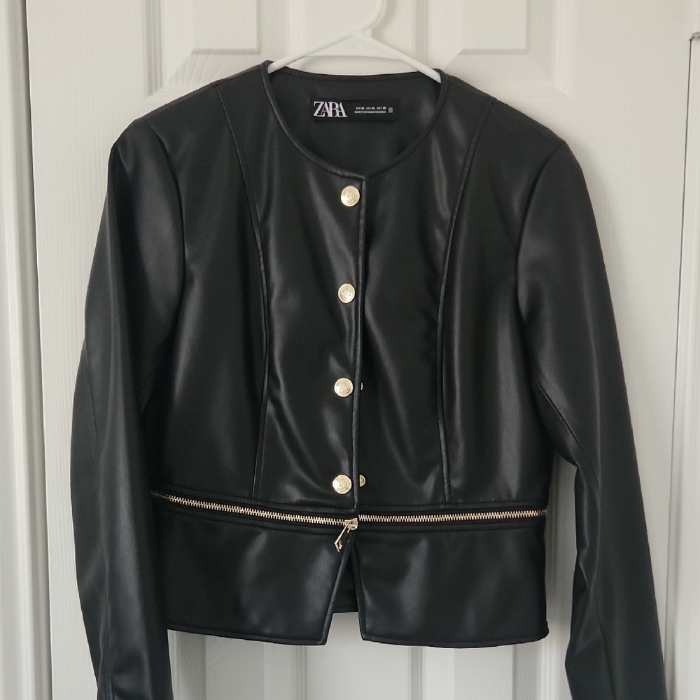 Zara Black Leather Jacket with Gold Accents